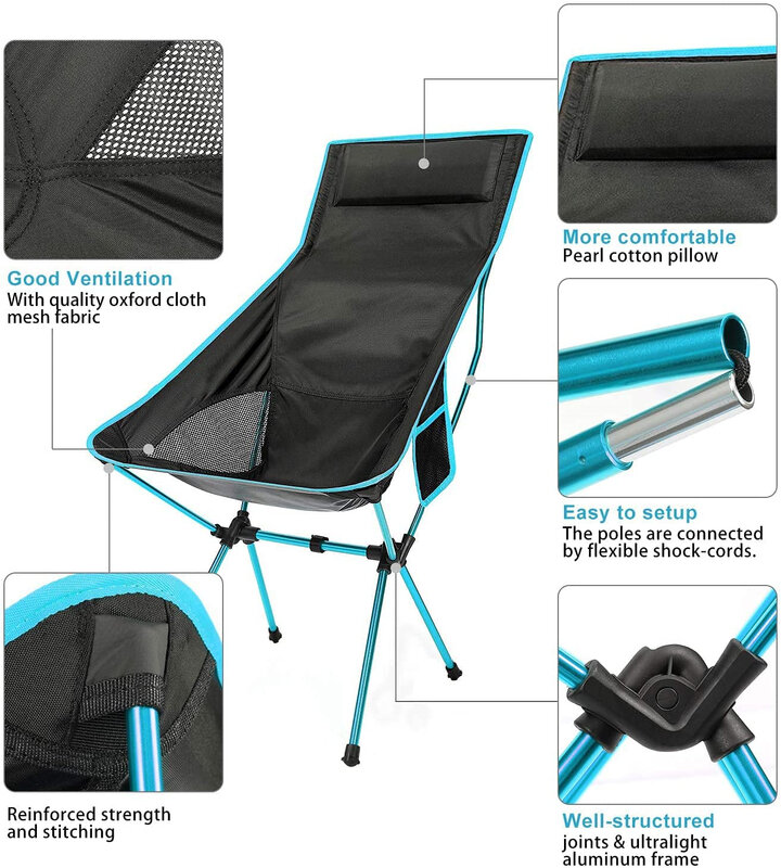Chaise de camping portable et pliante, siège allongé, ultraléger, pour l'extérieur, la pêche, le barbecue, le festival, le pique-nique, la plage