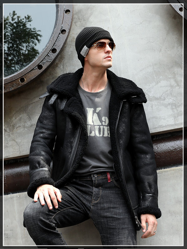 Ayunsua jaqueta de couro legítimo masculina, casaco de pele de carneiro com capuz vintage de lã real, jaquetas masculinas de couro kj3295
