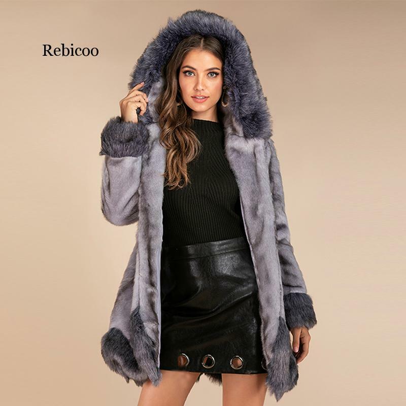 Elegant Shaggy Faux Fur Coat Women Hooded Fur Jacket Gray Thicken Winter Hairy Fur Jacket Outwear Overcoat Women Clothing