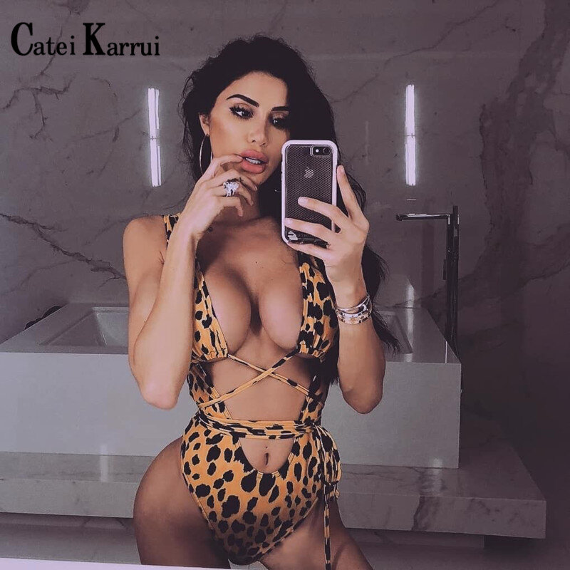 Catei Karrui, 2020, bikini de leopardo recortado, bañador de una pieza de vendaje, bañador para mujer, novedad en ropa de playa para el verano