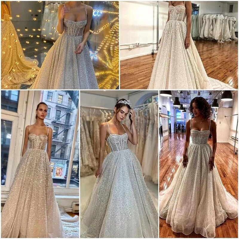 Vestidos de casamento Silver Glitter Beach, Spaghetti Straps, A-Line Backless, costas abertas, vestidos de noiva brilhantes, robe sem alças, 2023