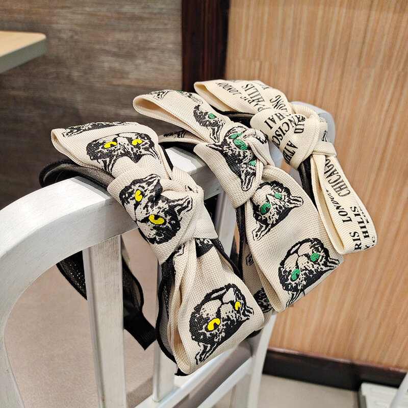 신상 고양이 머리 웨빙 레이스 메쉬 원사 중간 매듭 머리띠, 넓은 사이드 보우 머리띠, 한국어 액세서리