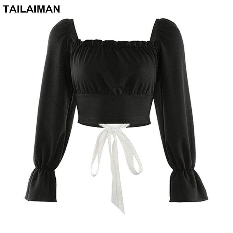 Sem costas laço quadrado pescoço manga longa topo vintage femme topos feminino 2020 macio menina estética roupas tailaiman loja oficial