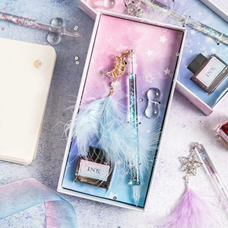 1Set Signature Pen Dream Catcher Stationery Pen End Handmade Glass Crystal Dip Pen with Ink Gift Box Set