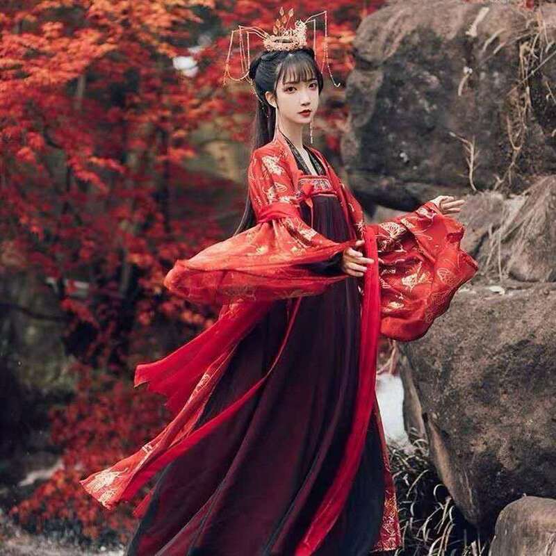 중국 전통 한푸 드레스, 봄 및 가을 모델, 풀 가슴 요정 스커트, 레드 코스프레 의상, 뷰티 메이크업, 신상 투피스