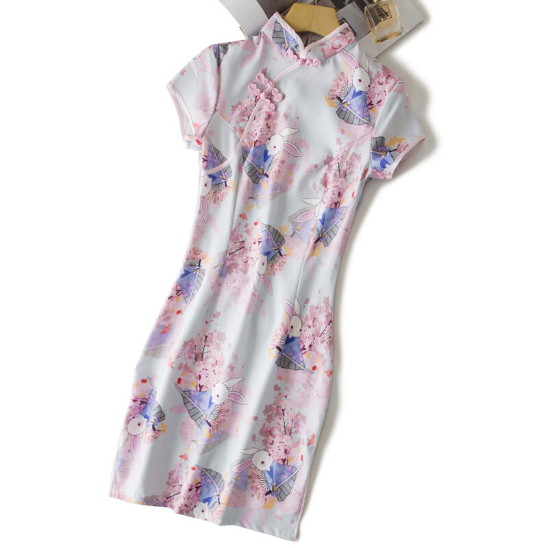 Женское платье в китайском стиле, летнее розовое платье в китайском стиле Ципао с милым аниме кроликом и цветком вишни, DA018