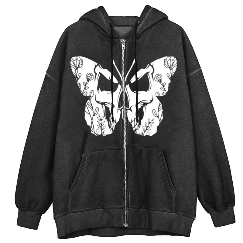 Oversized hoodie casaco de inverno casacos plus size tops zip-up hoodies feminino manga comprida solta gótico impressão com capuz camisolas