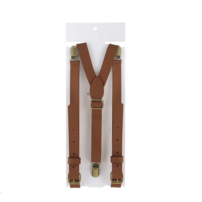 สไตล์อังกฤษ 3 คลิปMens Suspenders Vintage CowhideคาวบอยหนังSuspender Bronzeคลิปสายคล้องกางเกงBraces