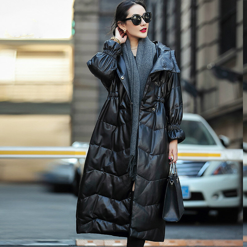 AYUNSUE 100% Real Leather Jacket Women Long Sheepskin Coat Female Hooded Down Jacket Winter Woman Parkas Mujer Chaqueta 19D68-05