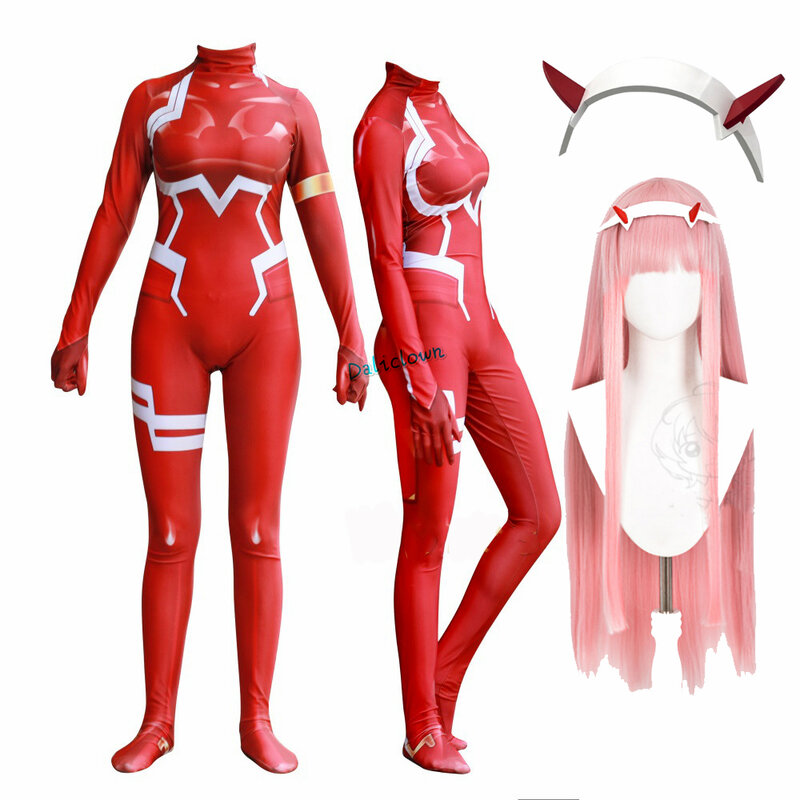 Anime Zero Two Cosplay Costume For Women Halloween Costume Wig 3D Printing Bodysuit Zentai Suit