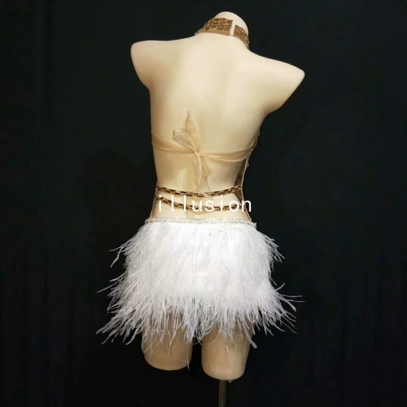 Świecące srebrne kryształy siatkowe body kobiety Feather Leotard strój kobiecy Bar taniec sceniczny kostium taneczny świętuj sukienkę