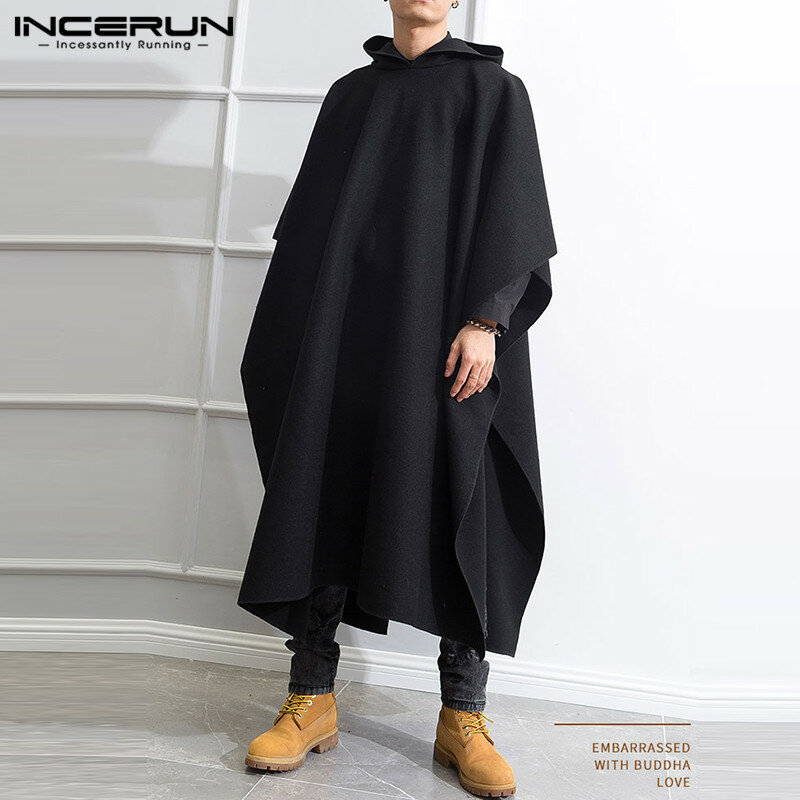 Men Loose Black Coats INCERUN Fashion Irregular Hooded Cloak Autumn Winter Man Long Sleeve Trench Retro Punk Outwear Jackets 5XL