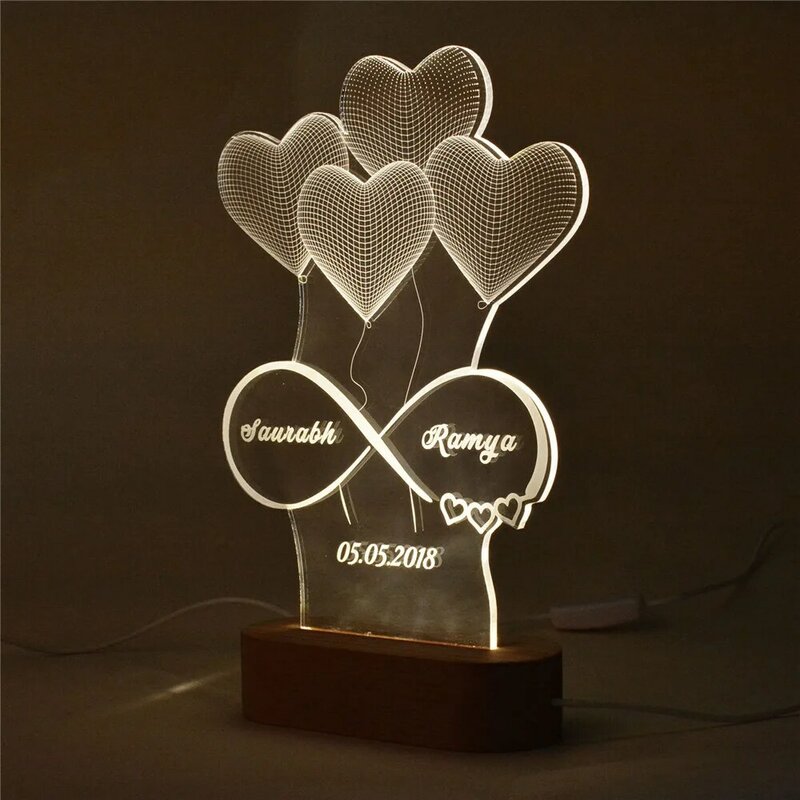 Персонализированные светодиодные ночники, лазерная гравировка имени, дата, 3D лампы для пары, декоративные светильники