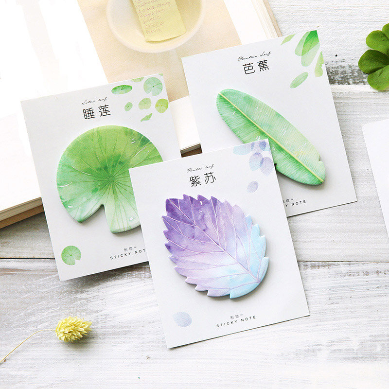 Bloc de notas adhesivas de hojas de plantas naturales Kawaii, papel adhesivo para planificador de oficina, papelería coreana, suministros escolares