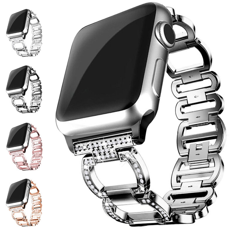 Correa de diamante para apple watch series 5 4 3 2 1, pulsera de acero inoxidable para mujer, Correa iwatch 42mm 38mm 40mm 44mm, accesorios