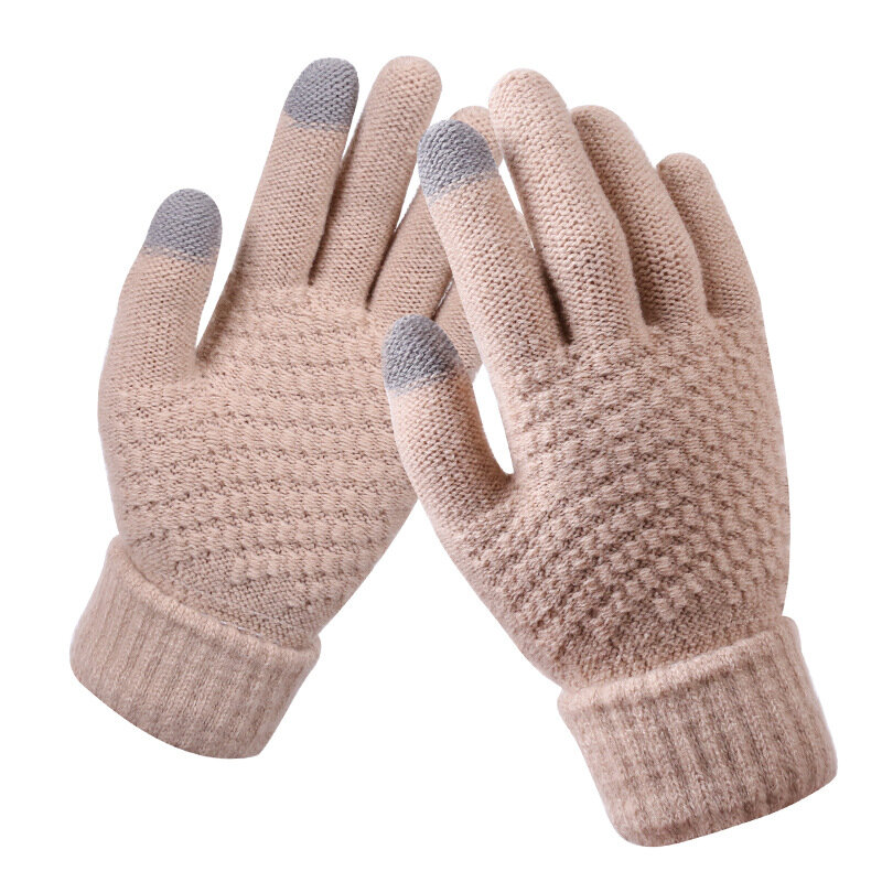 Luvas de tela de toque de inverno feminino engrossar quente malha luvas de estiramento imitação de lã dedo cheio luvas de esqui ao ar livre