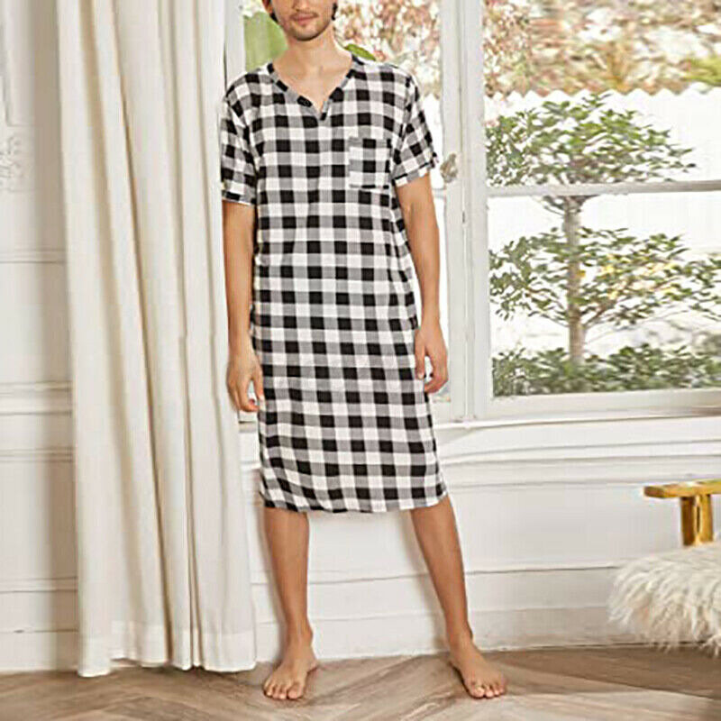 Pijama holgado con estampado a cuadros para hombre, ropa de casa informal de manga corta con cuello en V, camisón de una pieza, Mono para adulto
