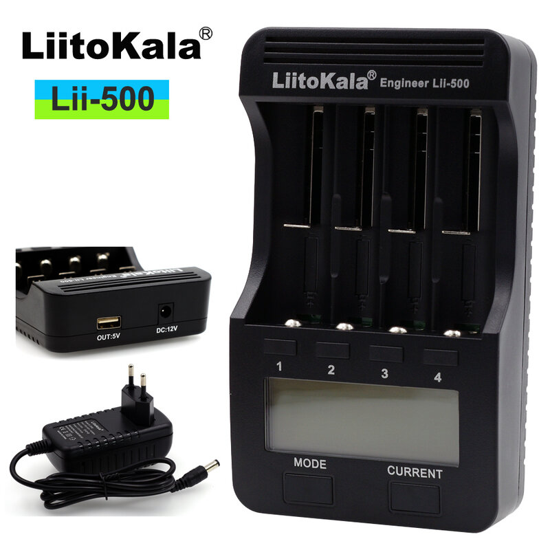 LiitoKala lii500 LCD 3.7V/1.2V AA/AAA 18650/26650/16340/14500/10440/18500 caricabatteria con schermo + adattatore 12V 2A USB 5 v1a