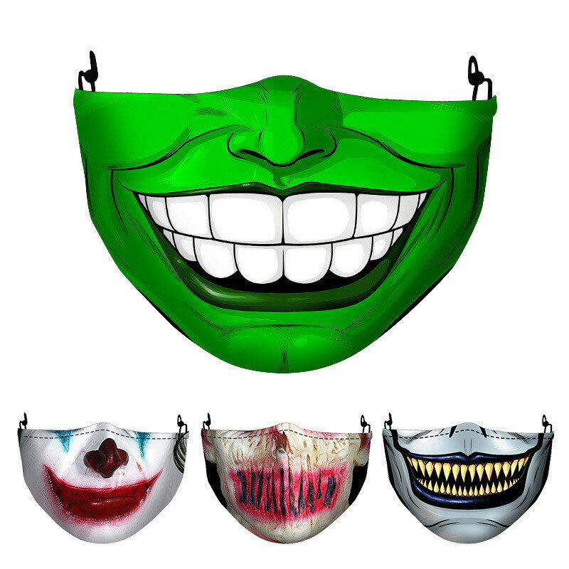 1 Masker + 2 PM2.5 Filter Volwassen Grote Mond 3D Gezicht Maskers Mascara Halloween Masculino Herbruikbare Wasbare Clown Masker Máscara divertida