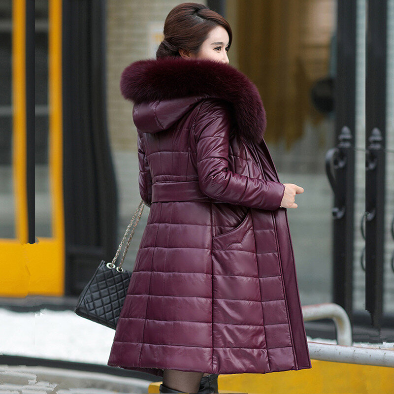 L-8XL New Women Long Leather Overcoat Winter 2023 Mother Sheepskin Coat Thicken Warm Fur Collar Hooded Jacket Outerwear Female