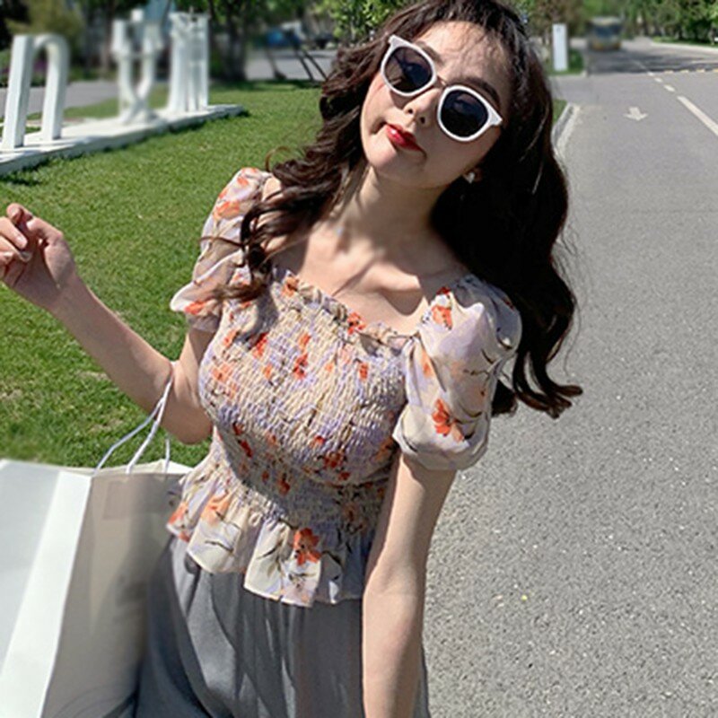 المرأة الأزهار طباعة ساحة طوق البلوزات الصيف أنيقة تي شيرت نسائي بأكمام قصيرة الشيفون قميص بلايز 2020