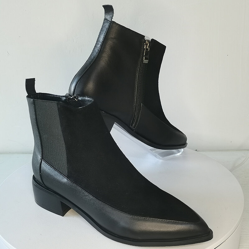 Botines de piel auténtica para mujer, botas de piel de vaca + ante de vaca, puntiagudas con cremallera lateral, Botines Chelsea a la moda, zapatos negros de talla grande de 22-26,5 cm
