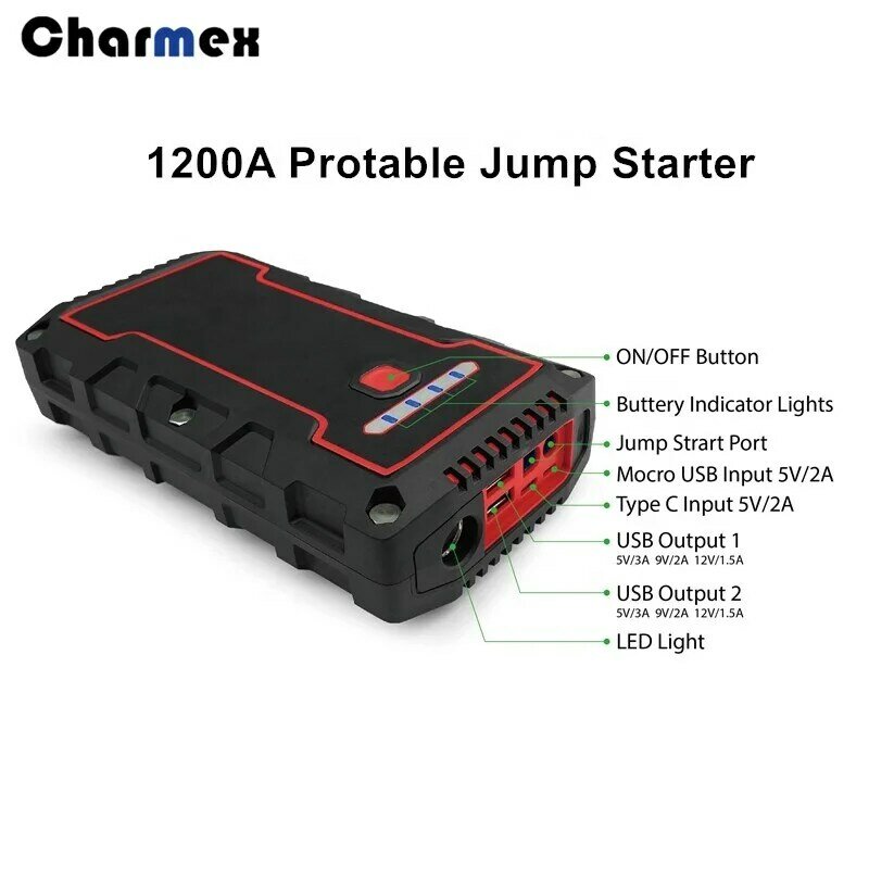 Charmex – Kit d'outils d'urgence étanche IP68 12 volts, batterie de voiture 1000A démarreur de saut, batterie Portable 16000mAh