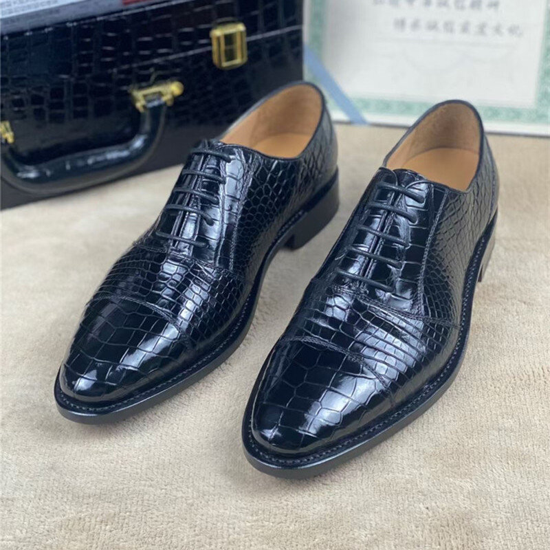 Oxfords – chaussures en cuir d'alligator authentique et exotique pour homme, chaussures habillées à lacets, faites à la main, noires