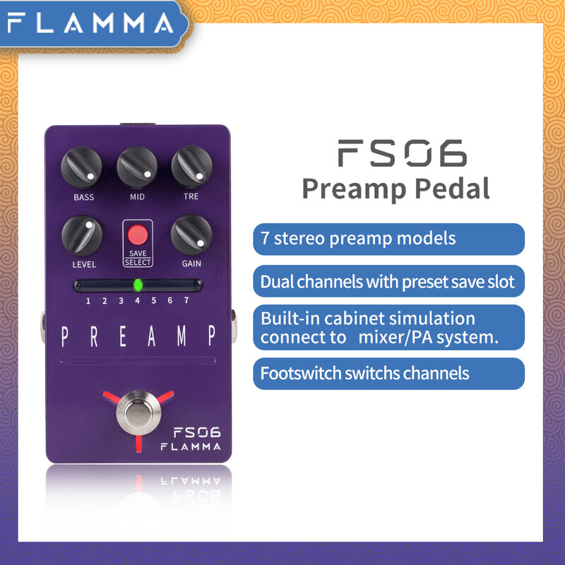 FLAMMA FS06 프리 앰프 페달 디지털 기타 효과 페달 7 가지 프리 앰프 모델 사전 설정 슬롯 저장 내장 캐비닛 시뮬레이션