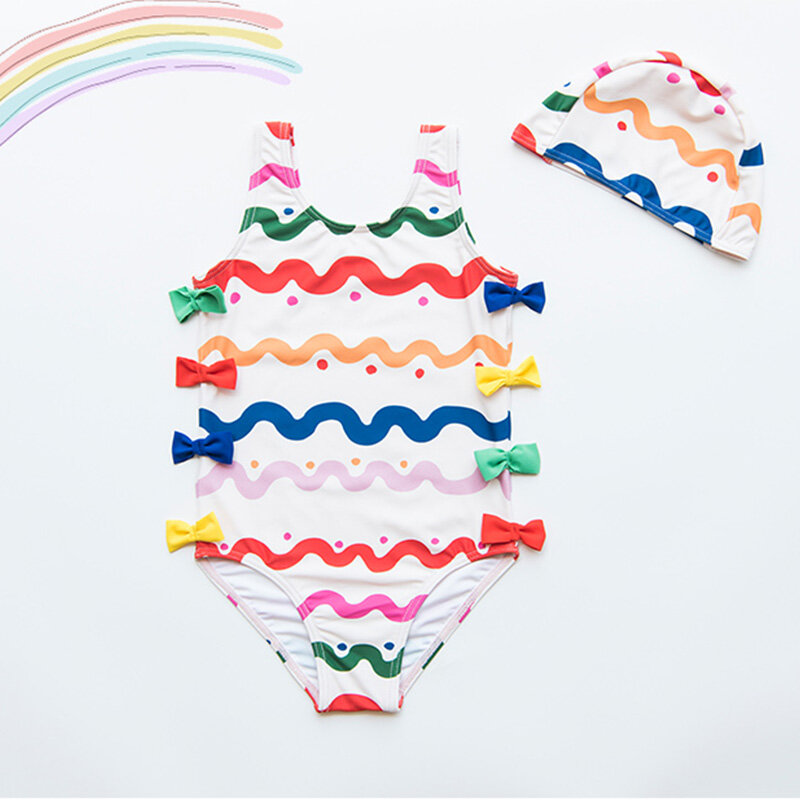 1-8 Years Old Bow Wavy Striped Children's Swimsuit One-piece Hot Spring Girls Swimwear Beach Baby Birthday Gift Doll Clothes