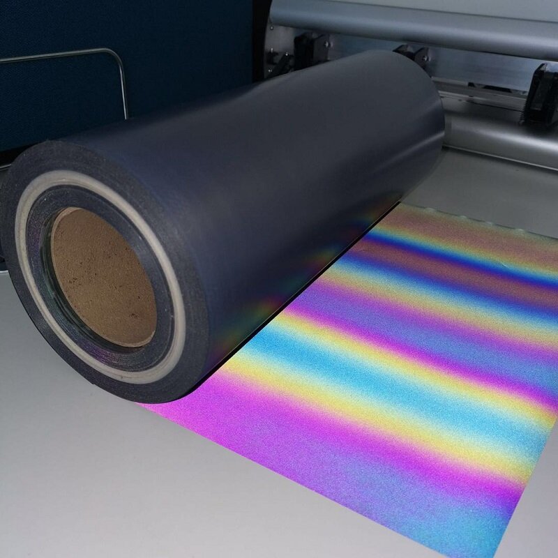 HTP Reflektif perpindahan Panas Vinyl Iridescence Xylopyrography Warna-warni Film DIY Pelangi Besi Panas di Anyaman Tas Pakaian