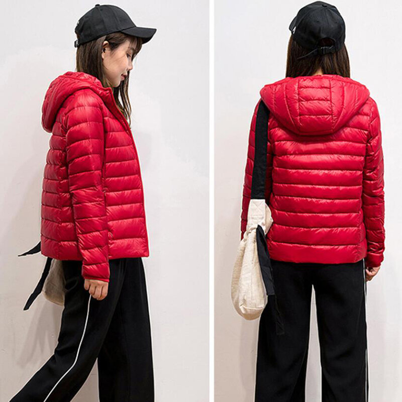 ฤดูหนาวเสื้อแจ็คเก็ตผู้หญิงเสื้อแจ็คเก็ตสั้นใหม่ Ultra-Light บาง Hooded Warm Slim เป็ดสีขาวลง Coat Parka หญิง outwear