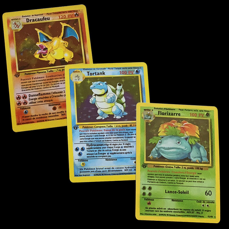 Tarjeta Flash francesa de Pokémon de dibujos animados Kawaii, primera edición de 1996, Blastoise, Charizard, Venusaur, Pikachu, coleccionista de juegos