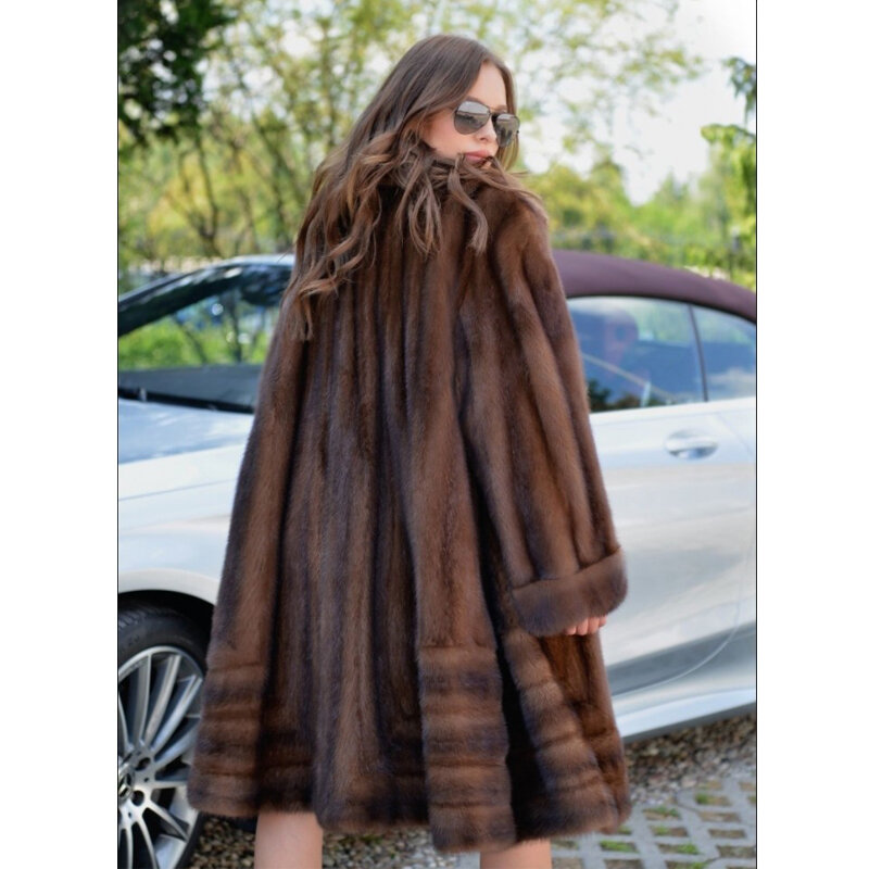 BFFUR-abrigos de piel de visón Real para mujer, abrigo largo de piel de visón Real con cuello vuelto, abrigos de piel de lujo para mujer 2022