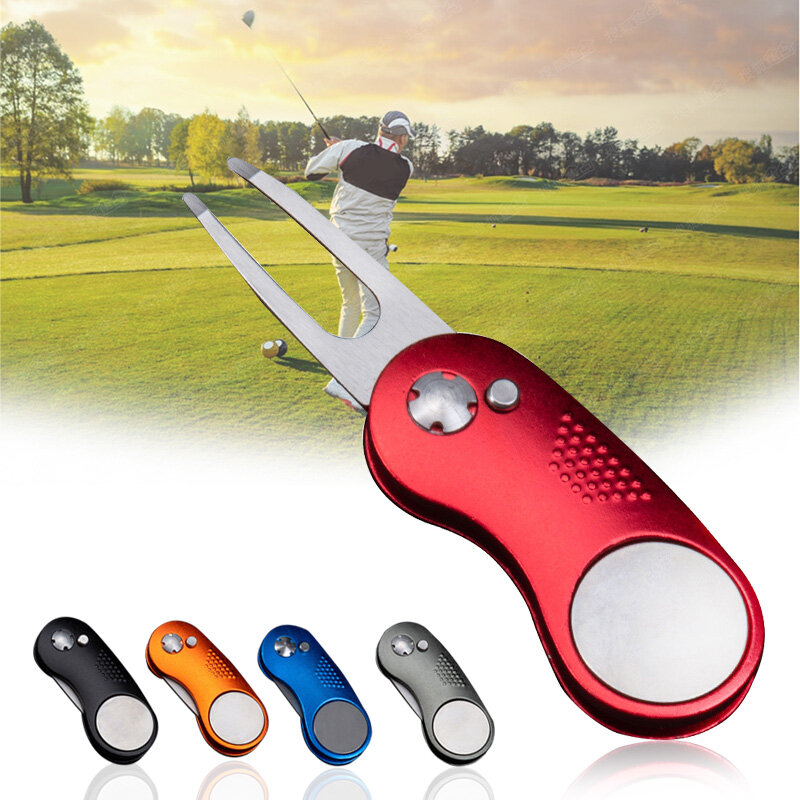 Divot-Herramienta de horquilla de Golf plegable, marcador de bola magnético con botón, portátil, accesorios para palos de Golf, WHStore