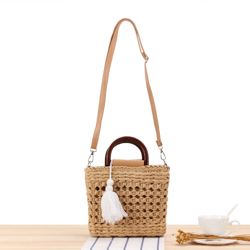 23x21CM New Small Fresh Hand-carrying Dual-purpose Woven Bag With Crossbody Tassel Ins Casual Vacation Straw Bag a7149