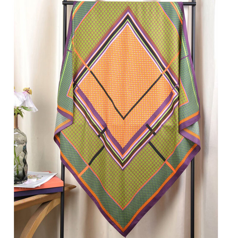 Bufanda de seda de 90x90cm para mujer, pañuelo elegante con estampado a cuadros de satén, chales cuadrados pequeños, marca de lujo, novedad