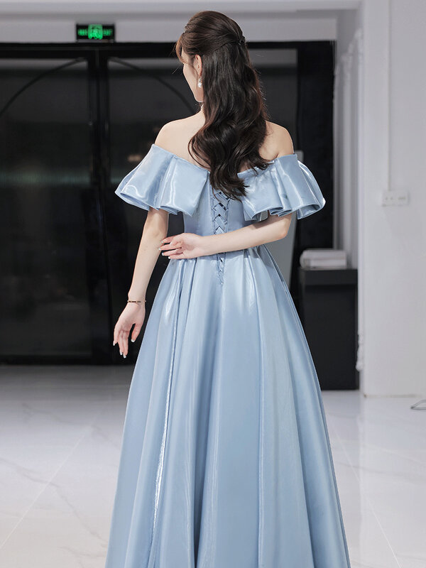 Korean Style Birthday Party Gowns Off Shoulder Strapless Graceful Evening Dress Floor-Length Sleeveless Bow Formal Prom Dresses