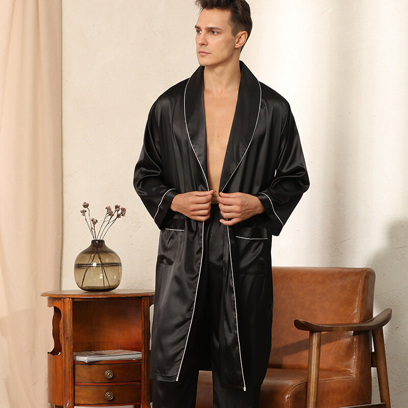 Men 2PCS Robe And Pants Casual Spring New Satin Home Clothing Intimate Lingerie Black Sleep Set Novelty Homewear Nightwear