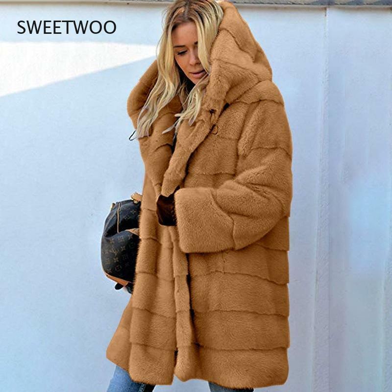 유럽 및 미국 중간 길이 단색 느슨한 플러시 후드 코트 인조 모피 가을 겨울 따뜻한 재킷