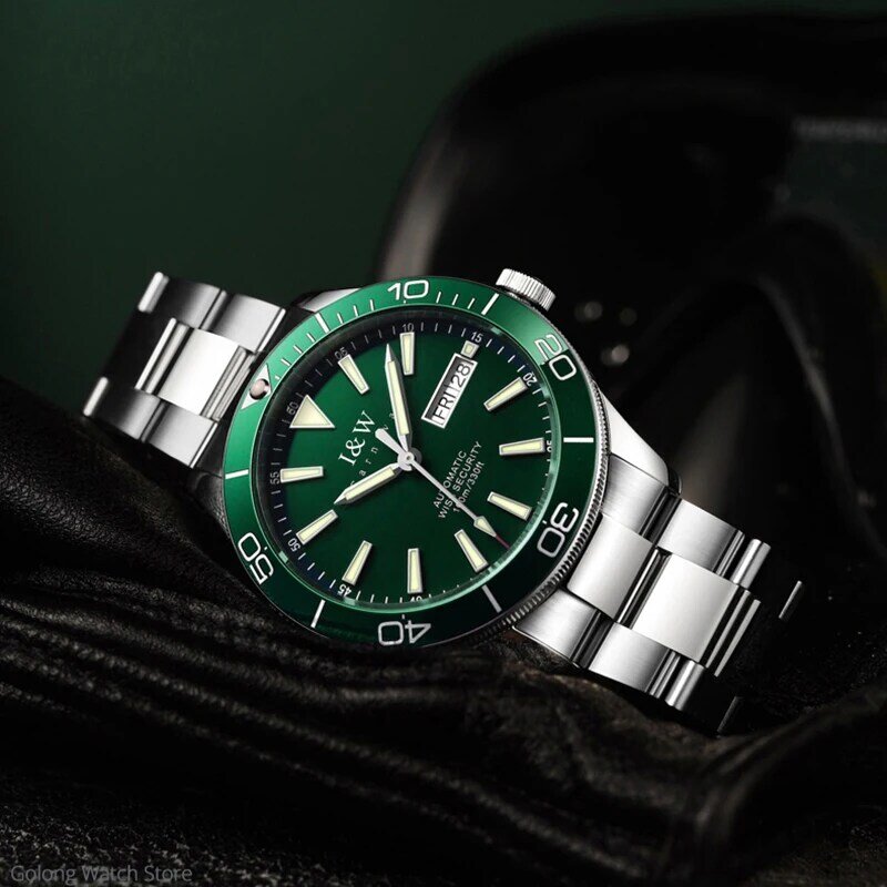 I & W-Reloj de pulsera para hombre, de lujo, de la mejor marca, resistente al agua, 100m, movimiento SEIKO, zafiro, reloj mecánico, calendario luminoso
