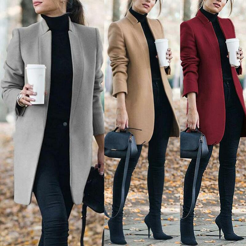 Женское шерстяное пальто, однотонное длинное пальто с воротником-стойкой, кардиган для офиса, осень размера плюс