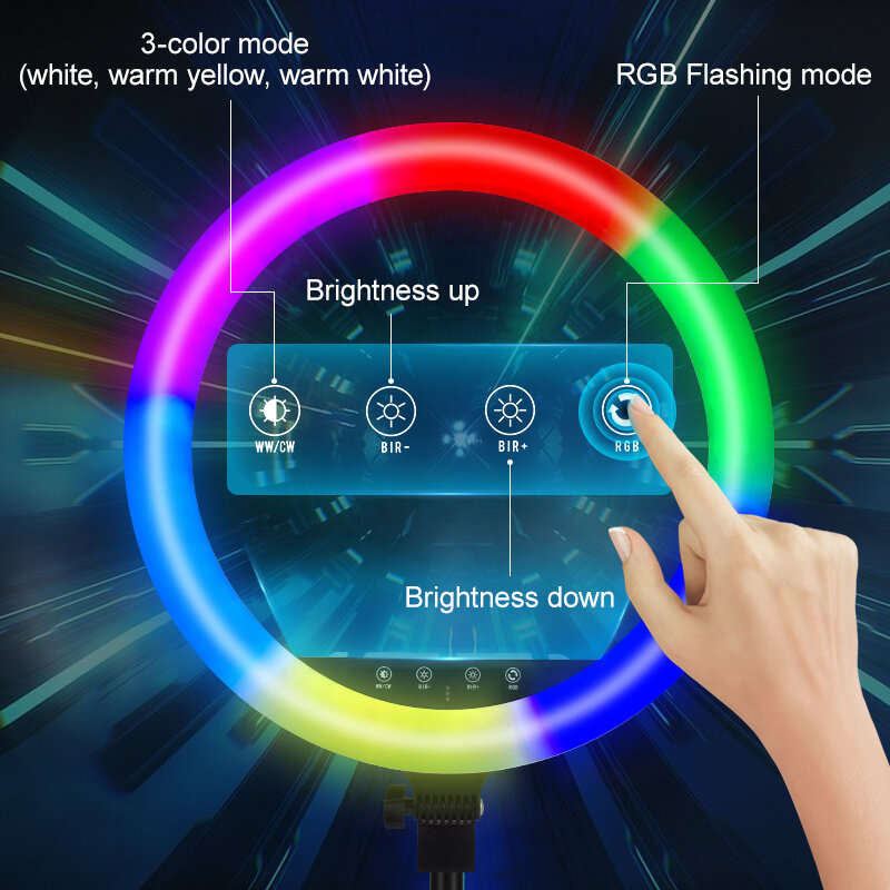 Yizhestudio-anel de luz com tripé rgb, 10 polegadas e 18 polegadas, iluminação colorida com clipe para controle remoto, para vlogging, youtube
