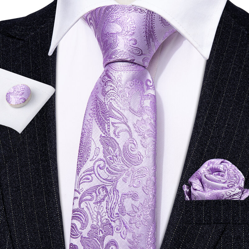 Hadiah laki-laki Set dasi pria sutra ungu Violet padat Paisley bergaris dasi bisnis pernikahan untuk pria dasi dasi kancing manset Barry.Wang