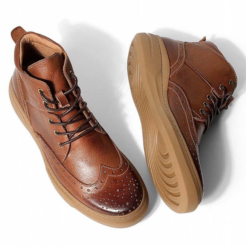 Primavera outono britânico brogue designer dos homens de couro genuíno ankle boots moda rendas até dedo do pé redondo sapatos casuais alta superior plataforma