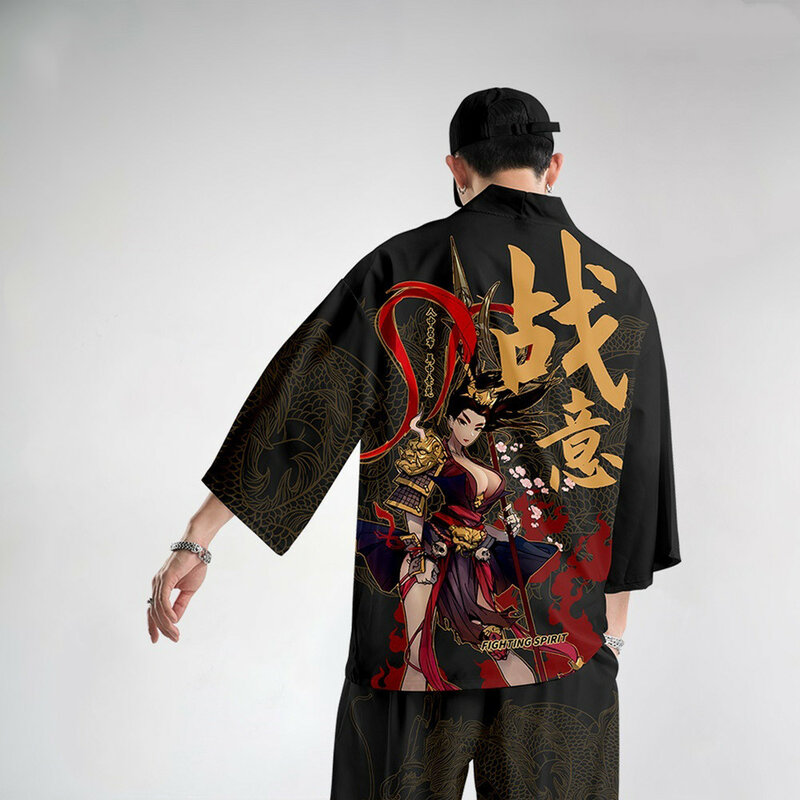 Styl japoński Vintage Kimono Haori zestaw spodni mężczyzn tradycyjny Harajuku Streetwear samuraj Cardigan kostium Kimono płaszcz spodnie