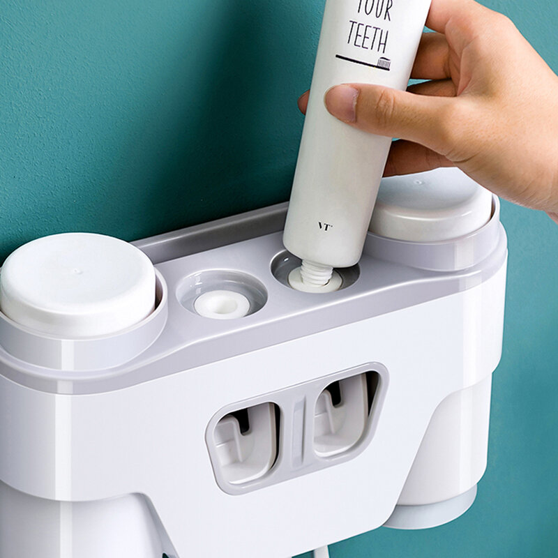 Oneup automático dispensador de pasta de dentes à prova de poeira titular escova de dentes com copos sem prego suporte de parede prateleira acessórios do banheiro conjuntos