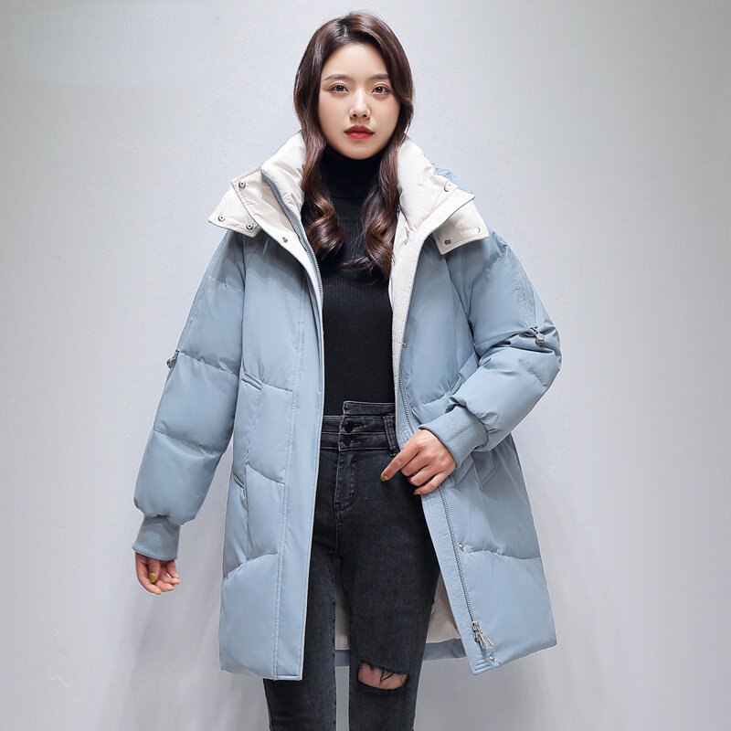女性の白いダックダウンコート,長くて暖かいパーカー,韓国のカジュアルウェア,スクエアq491,90%