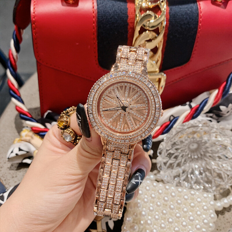 Hoge Kwaliteit Fashion Spinning Dial Vrouwen Horloges Quartz Designer Waterdichte Armband Horloge Met Strass Kristal Dameshorloge
