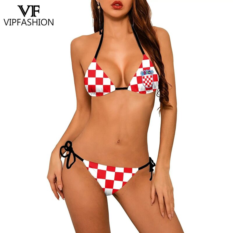 Moda VIP kobiety strój kąpielowy letnie Bikini zestaw Push Up kobieta stroje kąpielowe flaga chorwacji Bikini z nadrukiem strój kąpielowy
